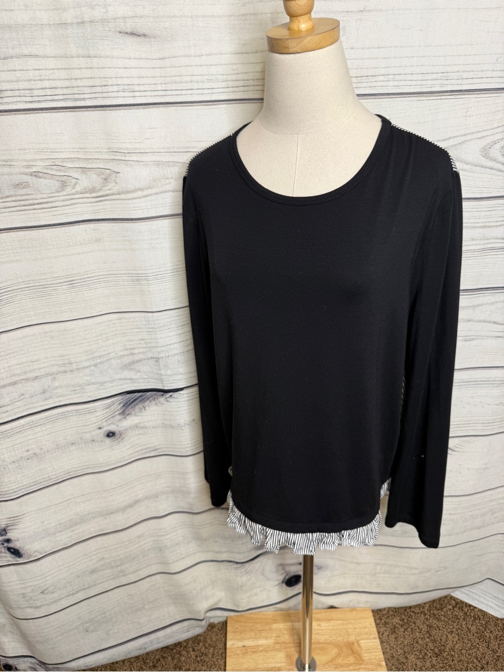 kate spade Black Long-Sleeve Top with striped ruffle Hem